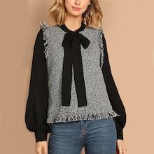 Shein Tie Neck Frayed Trim 2 In 1 Blouse