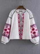 Shein White Lantern Sleeve Self Tie Embroidery Blouse