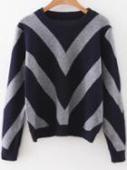 Shein Navy Chevron Pattern Ribbed Trim Sweater