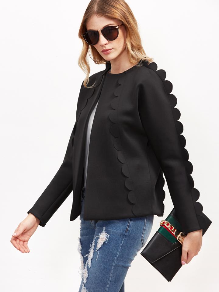 Shein Black Scallop Trim Collarless Blazer