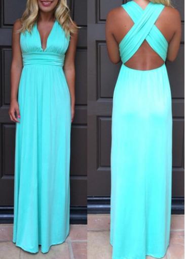 Rosewe Cross Back V Neck Blue Maxi Dress