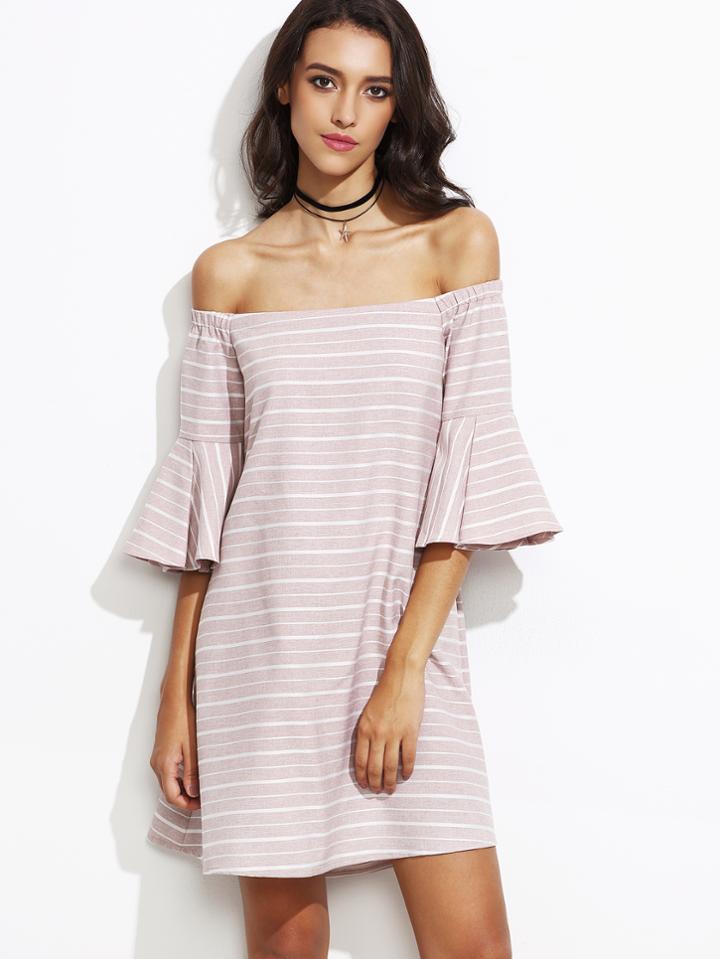 Shein Pink Striped Off The Shoulder Bell Sleeve Cutout Back Dress