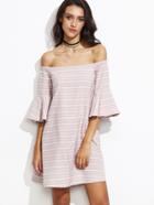 Shein Pink Striped Off The Shoulder Bell Sleeve Cutout Back Dress