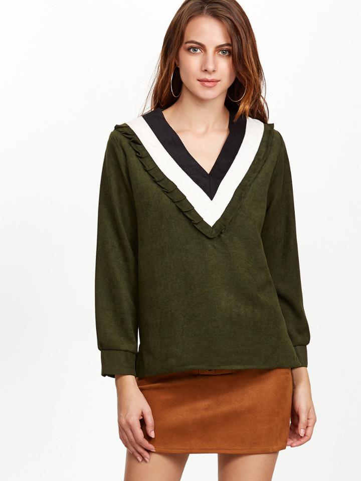 Shein Army Green Chevron Print V Neck Ruffle Trim Blouse