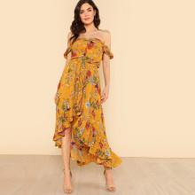Shein Drawstring Waist Asymmetrical Ruffle Hem Floral Bardot Dress