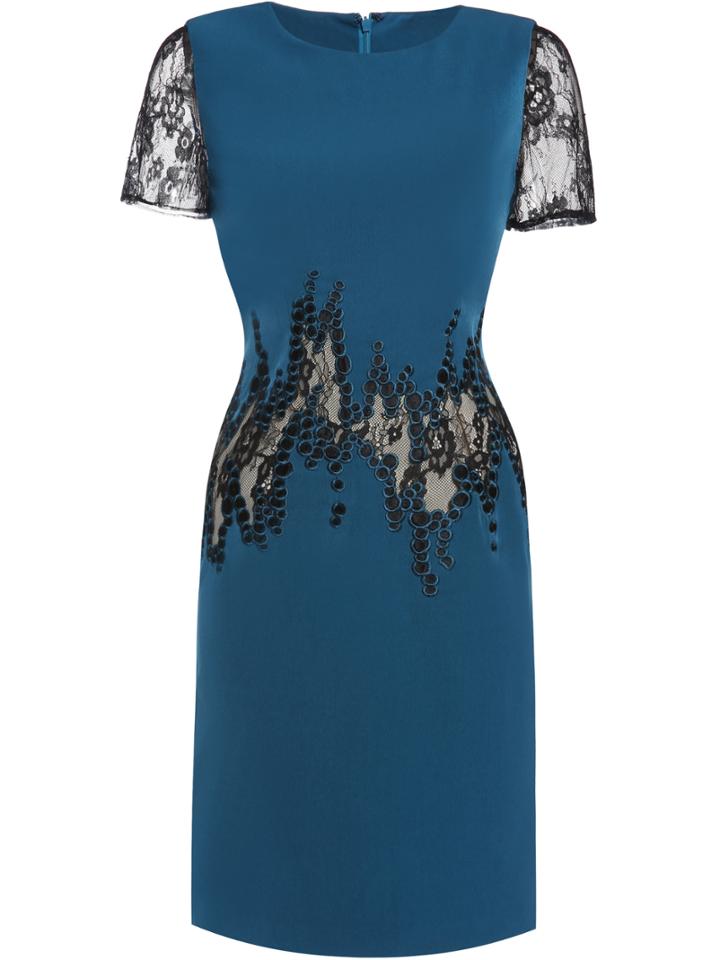 Shein Blue Crew Neck Embroidered Lace Sheath Dress