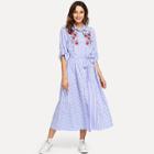 Shein Embroidered Appliques Button Belted Striped Dress