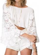 Rosewe Lace Splicing Flare Sleeve Crop Blouse