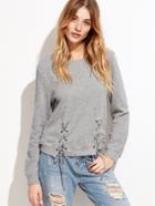 Shein Heather Grey Distressed Lace Up Front Sweatshirt