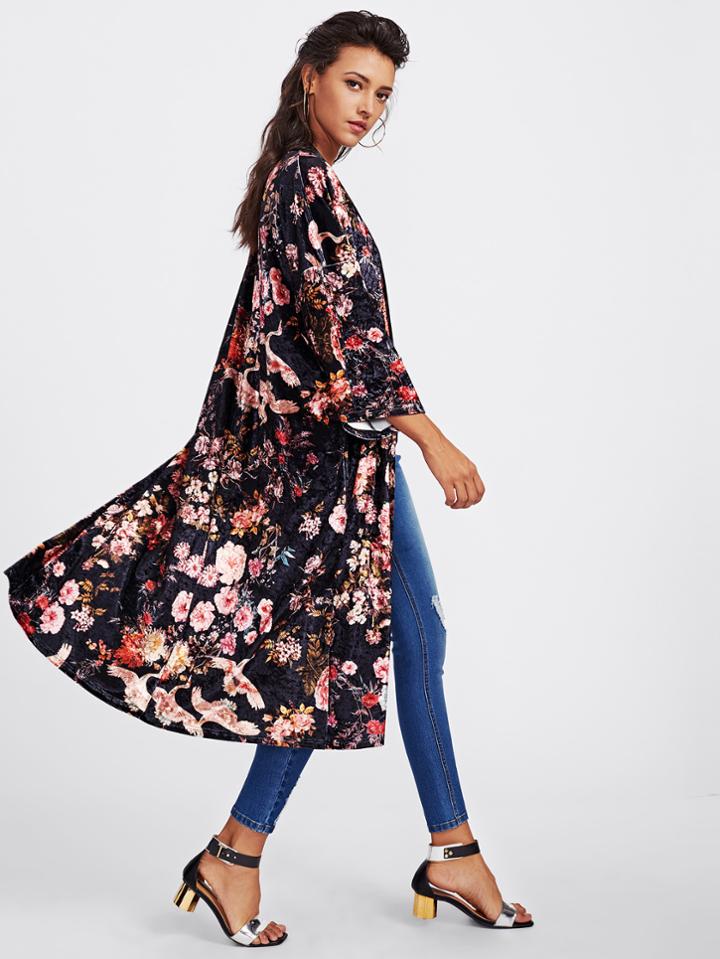 Shein Drop Shoulder Botanical Print Velvet Coat