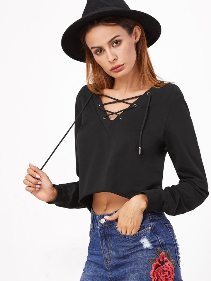 Shein V Neckline Eyelet Lace Up Crop Sweatshirt