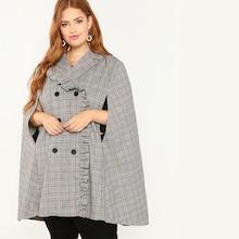 Shein Plus Notched Collar Frilled Trim Plaid Coat