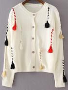 Shein White Contrast Tassel Detail Button Front Sweater Coat