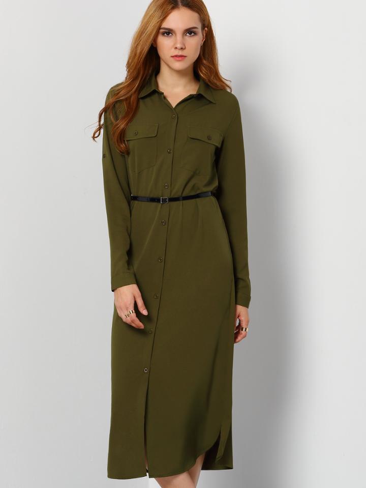 Shein Army Green Lapel Buttons Pockcts Slit Shirt Dress