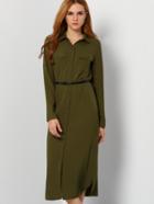 Shein Army Green Lapel Buttons Pockcts Slit Shirt Dress