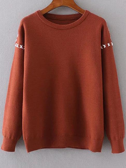 Shein Brown Lace Up Detail Round Neck Sweater