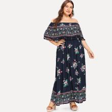 Shein Plus Tribal Print Tassel Detail Bardot Dress