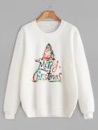 Shein White Christmas Print Ribbed Trim Sweatshirt
