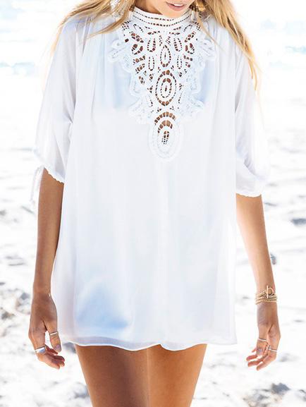 Shein Applique Neck Split Sleeve Sheer Chiffon Dress