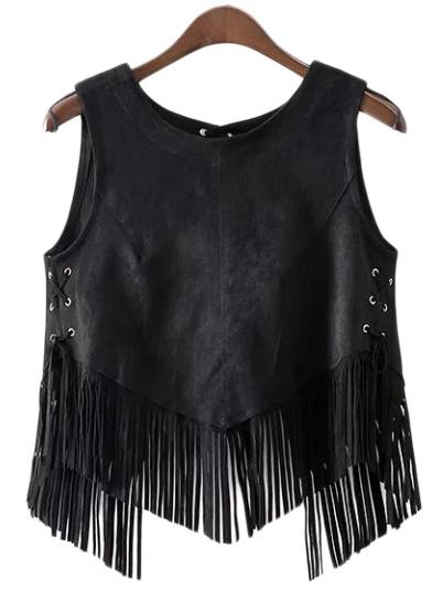 Shein Black Lace Up Side Suede Fringe Vest Outerwear