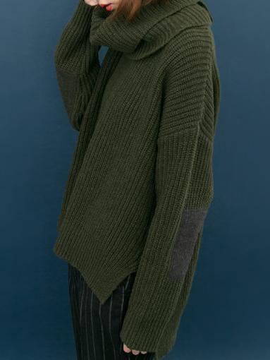 Shein Dark Green High Neck Elbow Patch Split Sweater