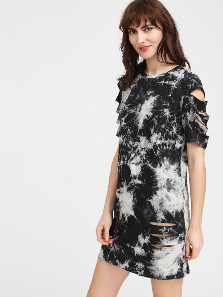 Shein Tie Dye Print Ripped Tee Dress