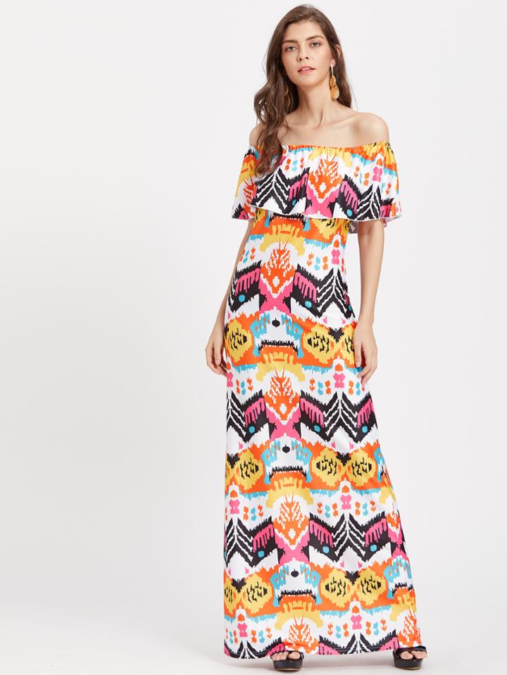 Shein Aztec Print Flounce Layered Neckline Dress