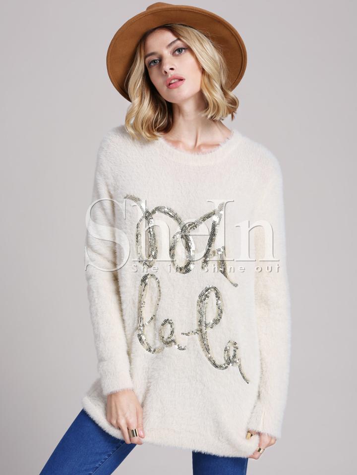 Shein White Long Sleeve Sequined Sweater