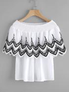 Shein Frill Tiered Embroidery Lace Trim Shirred Bardot Top