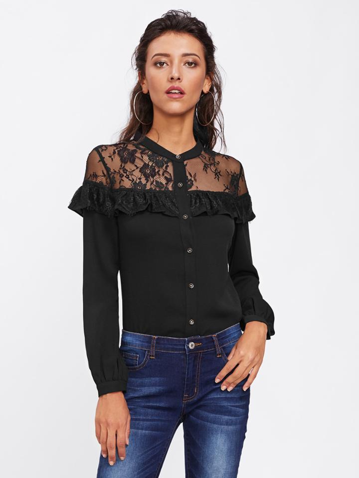 Shein Floral Lace Shoulder Frilled Blouse