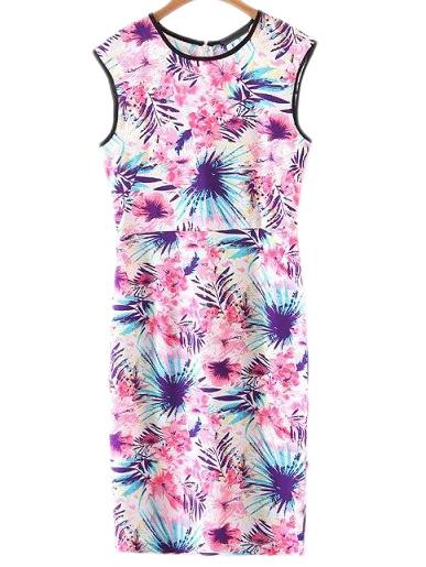 Shein Pink Sleeveless Contrast Piping Zipper Back Print Dress