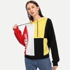 Shein Color Block Drawstring Letter Hoodie
