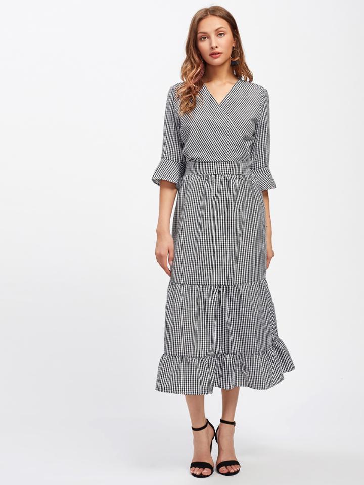 Shein Gingham Surplice Front Tiered Dress