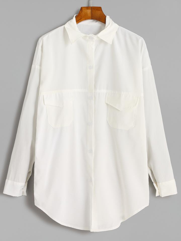 Shein White Drop Shoulder Pockets Curved Hem Shirt