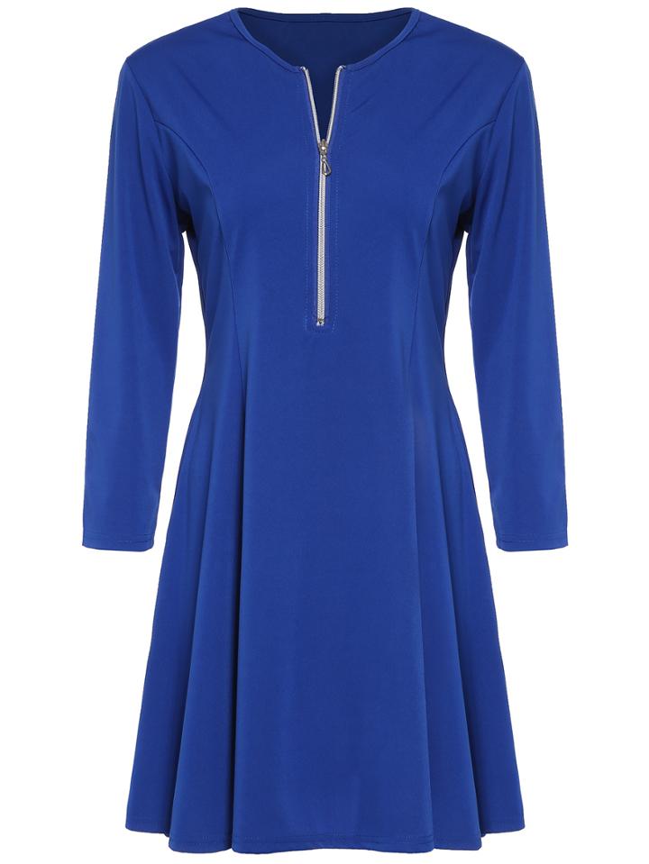 Shein Blue Long Sleeve Zipper Front Skater Dress