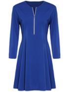 Shein Blue Long Sleeve Zipper Front Skater Dress