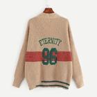 Shein Plus Letter Embroidered Striped Sweater Coat