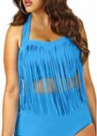 Rosewe Two Piece Pattern Fringe Embellishment Blue Bikini