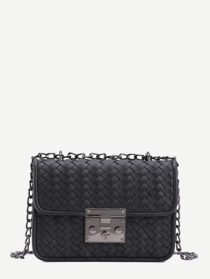 Shein Black Woven Pu Flap Chain Bag