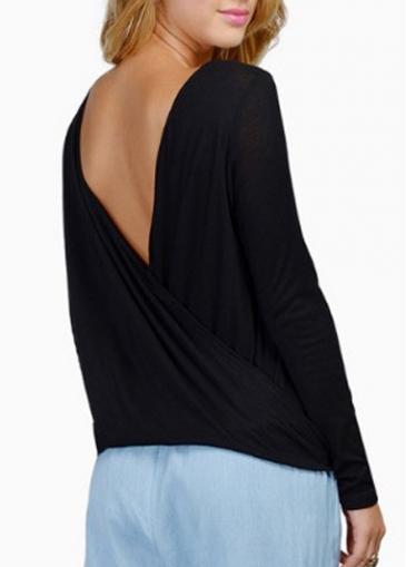 Rosewe Laconic Open Back Round Neck Black T Shirt
