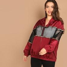 Shein Plus Mesh Insert Contrast Letter Tape Jacket