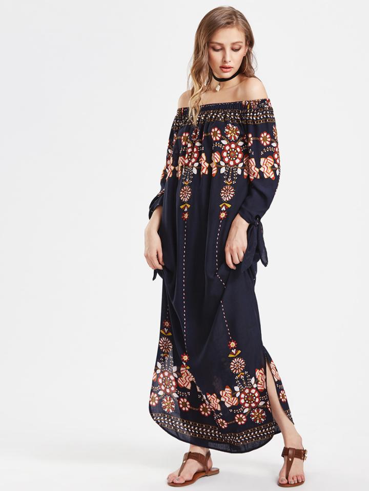 Shein Flower Print Tie Sleeve Curved Hem Bardot Dress