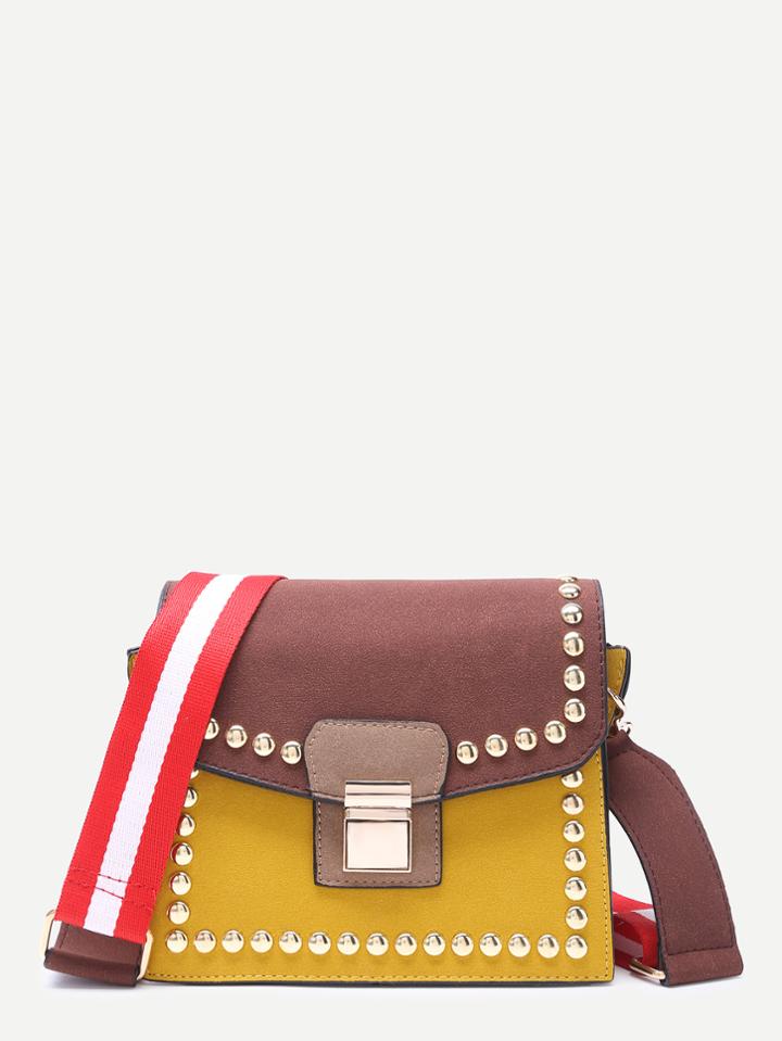 Shein Cofffee And Yellow Stylish Studded Trim Flap Leather Shoulder Bag