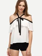 Shein Contrast Trim Tie Front Frill Blouse