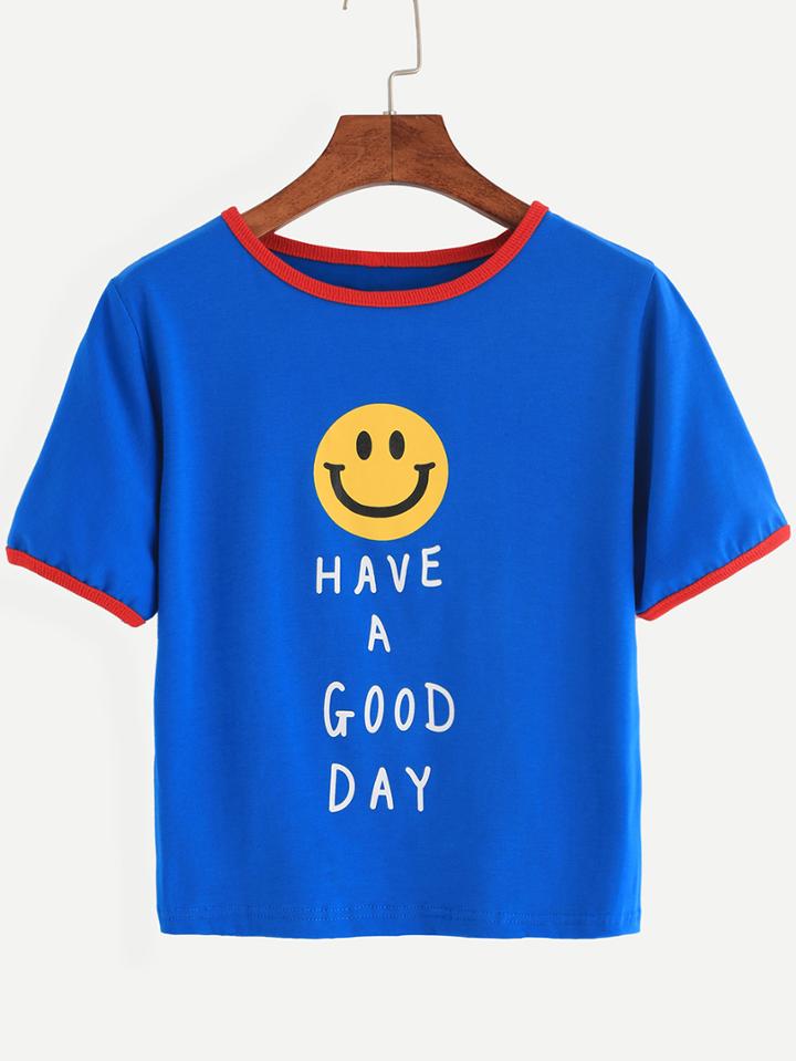 Shein Dark Blue Smiley Face Print Contrast Trim T-shirt