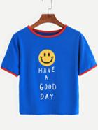 Shein Dark Blue Smiley Face Print Contrast Trim T-shirt
