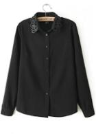 Rosewe Chic Black Turndown Collar Long Sleeve Shirt With Button