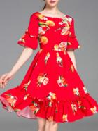 Shein Red Bell Sleeve Shaddock Print A-line Dress