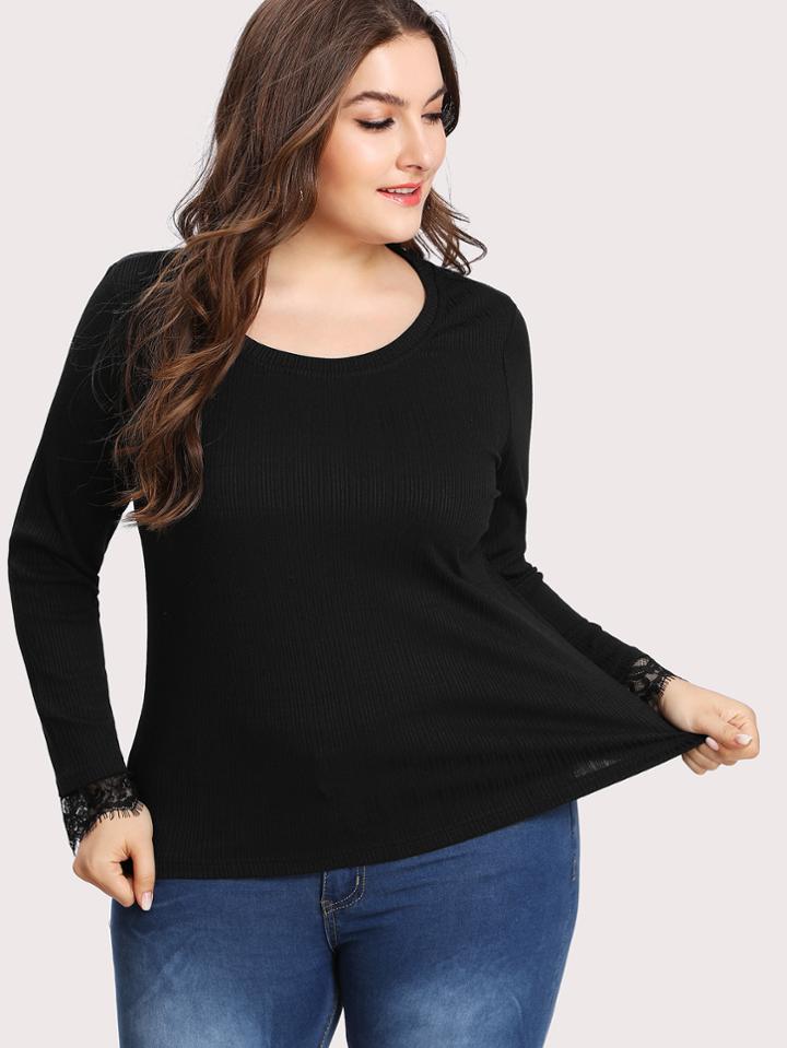 Shein Eyelash Lace Cuff Solid Ribbed Knit Tee