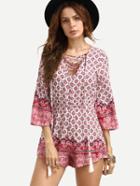 Shein Tie Neck Vintage Print Fringe Romper